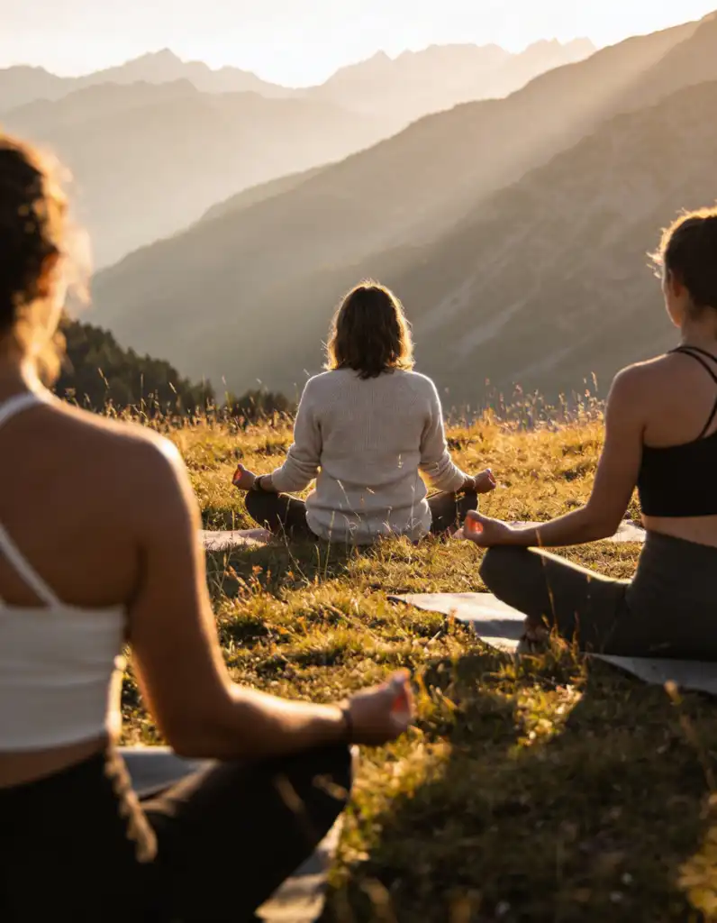 Freepik small yoga circle in a mountain meadow at golden h