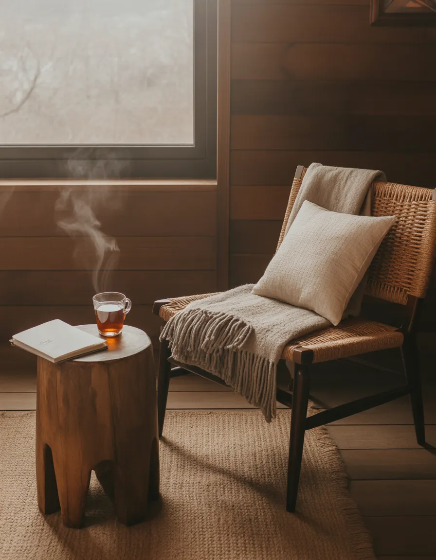 Freepik cozy reading corner in retreat lodge woven chair w