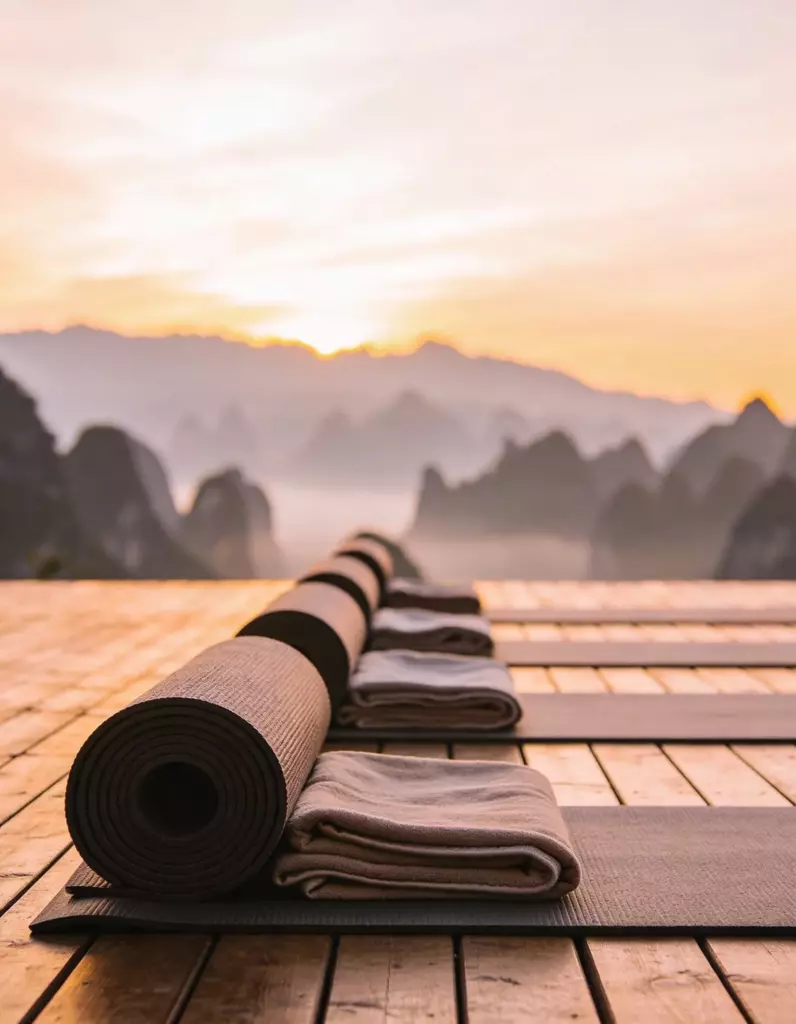 Freepik wooden deck for yoga and breathwork rolled mats an